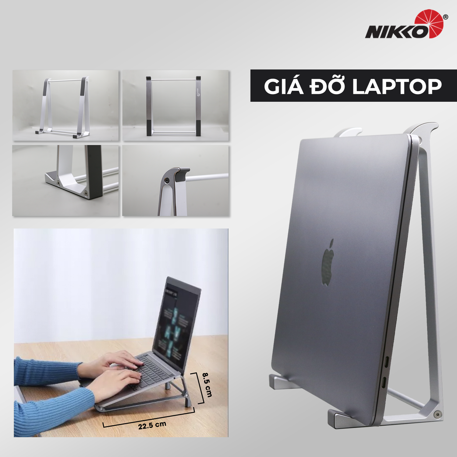NIKKO Giá đỡ iPad/ Laptop Silver nhôm cao cấp cho Laptop 17,4inch