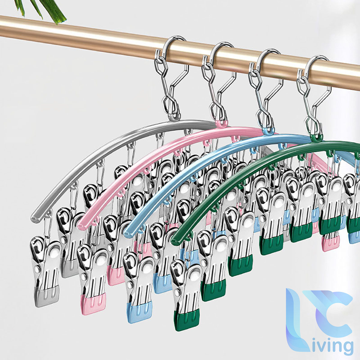 Móc phơi đồ em bé Living C, Móc treo phơi quần áo, tất vớ có 8 kẹp, 10 kẹp chống rơi bằng innox