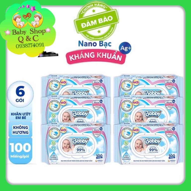 [HCM]**COMBO 6 KHĂN ƯỚT BOBBY KHÔNG MÙI MÀU XANH 100 TỜ
