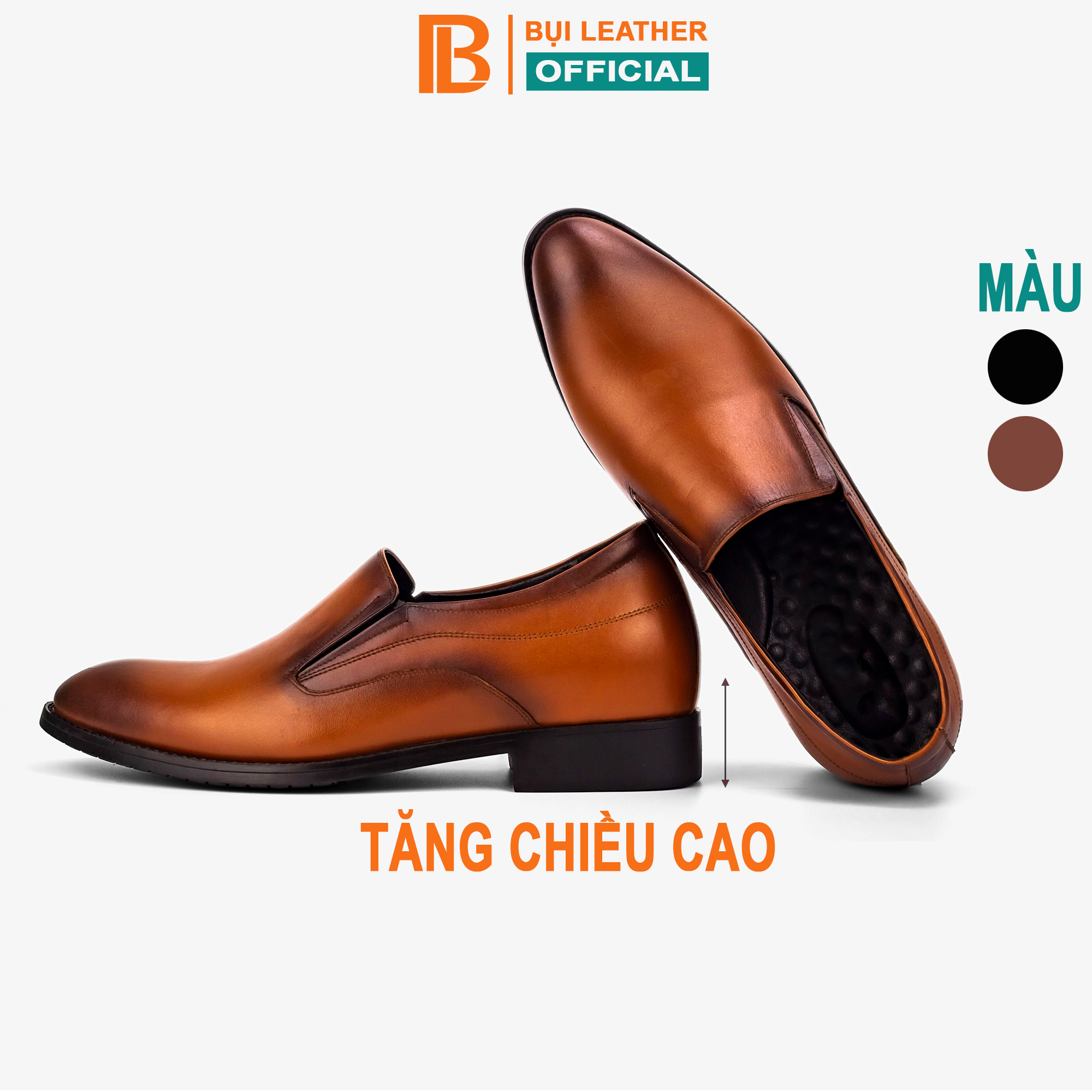 Giày tây nam tăng chiều cao da bò nappa cao cấp, giày lười nam màu nâu G112- Bụi leather- hộp sang trọng -BH 12 tháng