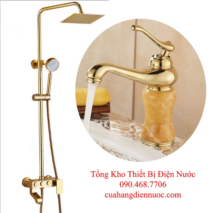 Sen tắm | combo bộ sen cây vàng ánh kim kèm vòi chậu lavabo nóng lạnh cao cấp sc05-snl21 hàng giormani taiwan