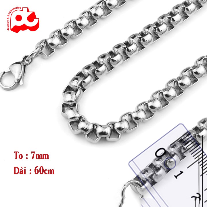 Dây chuyền nam inox thời trang kiểu bông dừa khít  kích cỡ 7mm màu trắng thép không gỉ HSDCNA191
