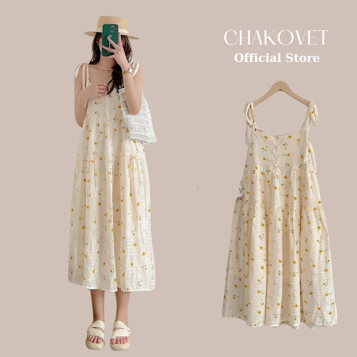 Váy babydoll dáng dài bánh bèo, Đầm 2 dây cách điệu dây buộc nơ siêu xinh họa tiết hoa đi chơi, đi b