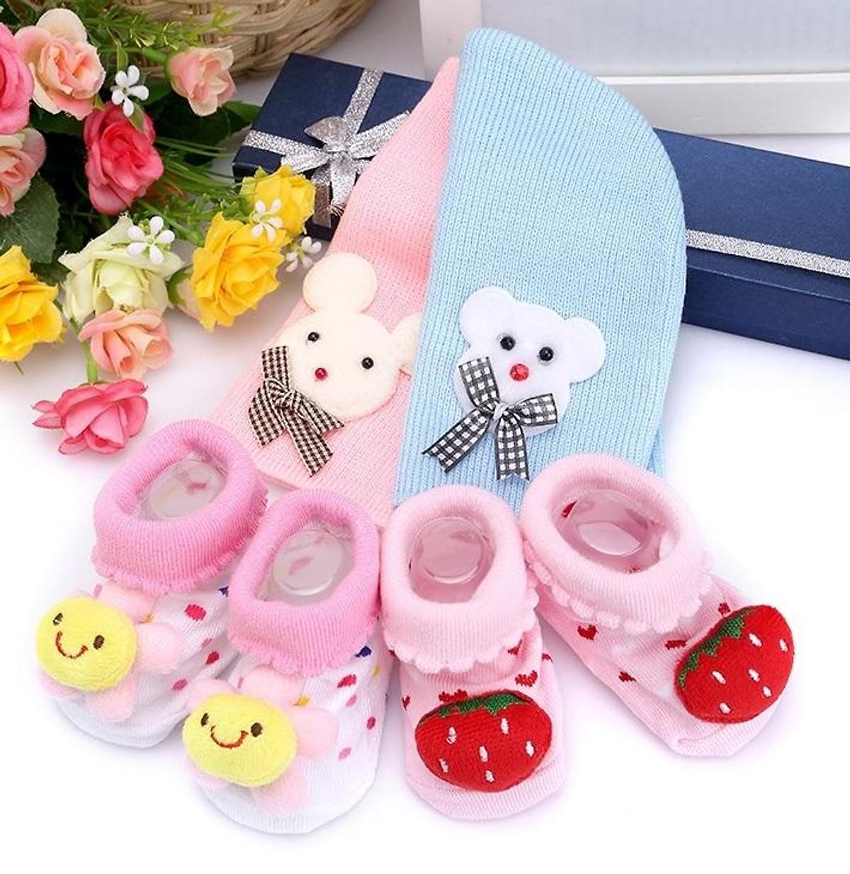 Combo 2 Nón Len + 2 Vớ 3D Cực Cute chống trượt chống mồ hôi trộm giữ ấm cho em bé trai gái từ 0 - 12 tháng tuổi