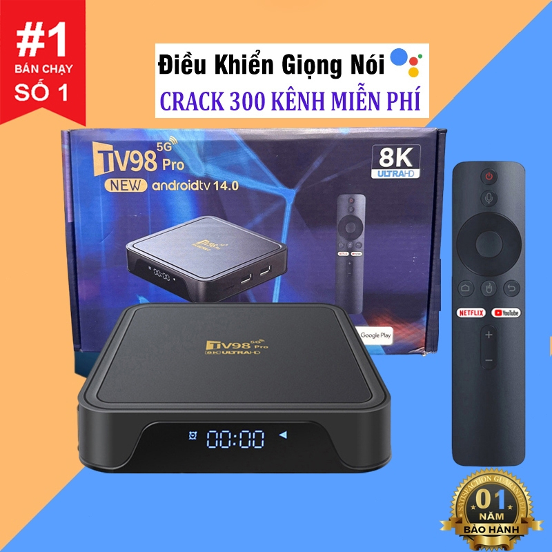  Android Tivi Box Tv98 Pro 2024 Crack Dual Wifi 2.4G và 5G,Ram 4G Rom 32GB khiển giọng nói,Kết nối Bluetooth,Xem YouTube 