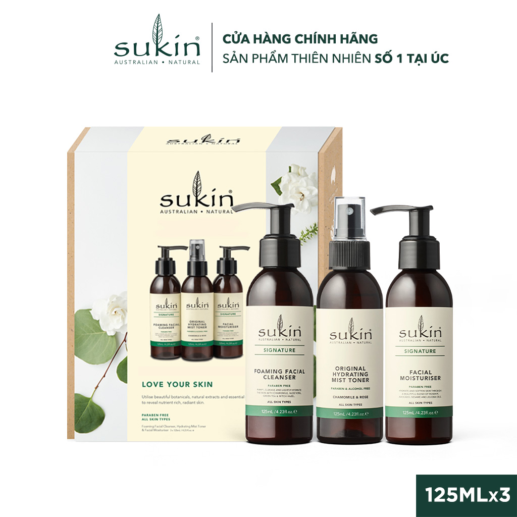 Bộ Sản Phẩm 3 Bước Chăm Sóc Da Cơ Bản Love Your Skin (Sữa Rữa Mặt 125ml + Nước Hoa Hồng Phun Sương 125ml + Kem Dưỡng Ẩm 125ml)