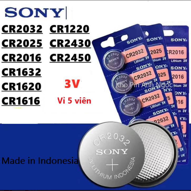 Vỉ 5 viên pin sony cr2032 / cr2025 / cr2016 / cr1632 / cr1620 / cr1616 / cr1220 / cr2450 / 2430 lithium 3v