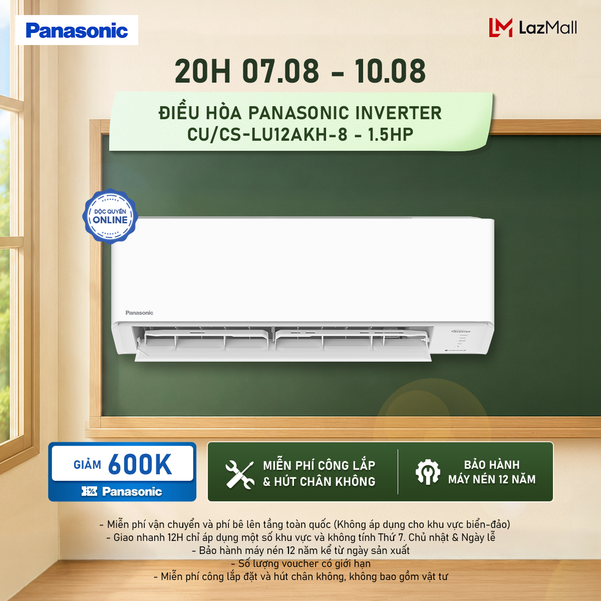 [Sẵn hàng miền Nam] Máy lạnh/ Điều hòa Panasonic Inverter CU/CS-LU12AKH-8 - 1.5HP - Một chiều - Eco AI - Lọc sạch không khí NanoeX - Wifi