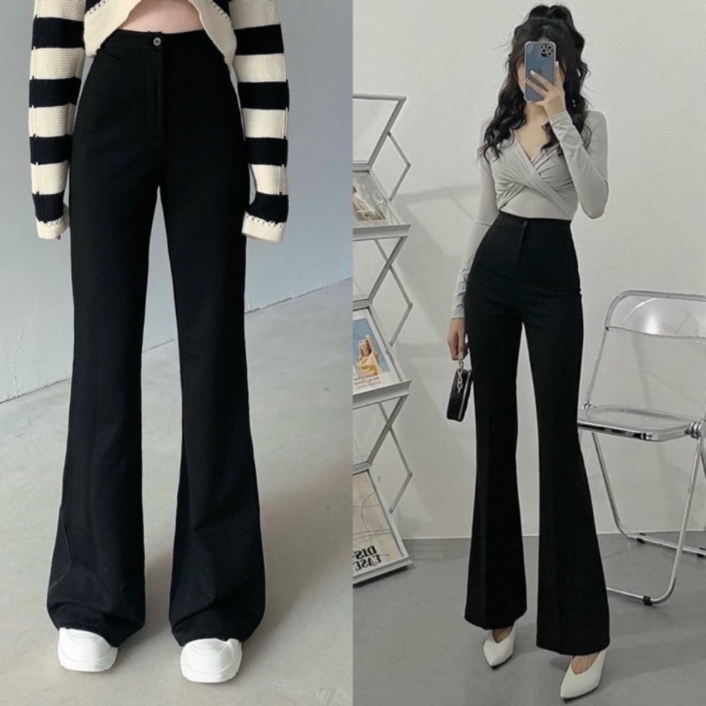 Quần ống loe cạp cao dáng dài tôn dáng màu đen - Quần tây ống loe lưng cao vải dày mềm đi học công sở mã 572