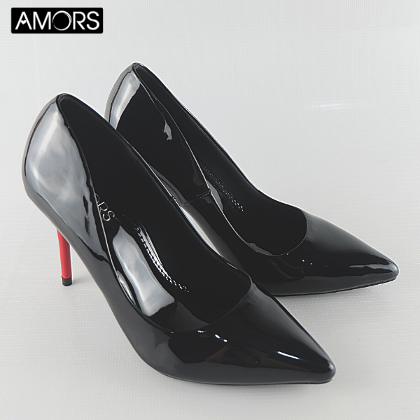 Giày cao gót nữ mũi nhọn đế nhọn cao 9 cm AMORS G003 màu đỏ bóng và đen bóng dự tiệc sang trọng lịch sự