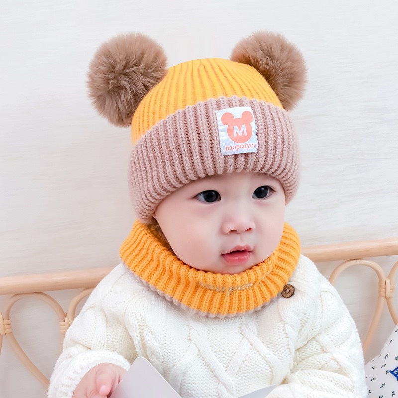 Mũ len kèm khăn quàng cổ hai quả bông giữ ấm siêu ngầu cho bé 4 tháng đến 3 tuổi