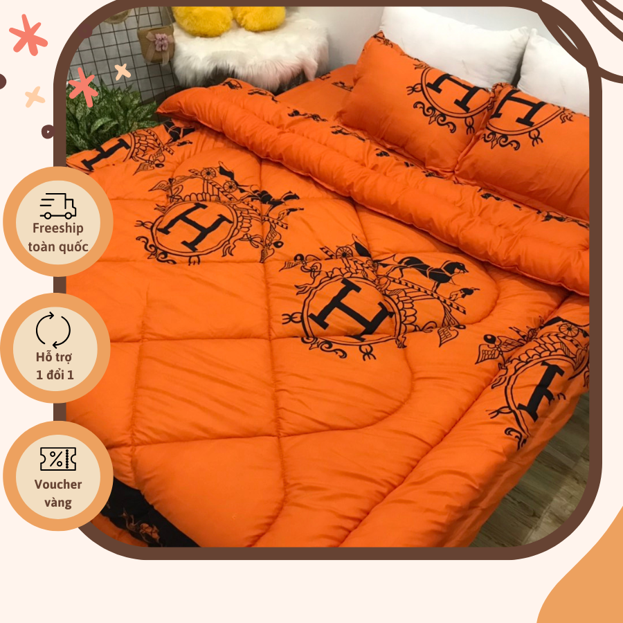 Bộ Chăn Phao 5 Món Mẫu Hermes Cam Mã P26 ( Gồm 1 Chăn Phao, 1 ga bo chun,2 vỏ gối và 1 vỏ gối ôm)