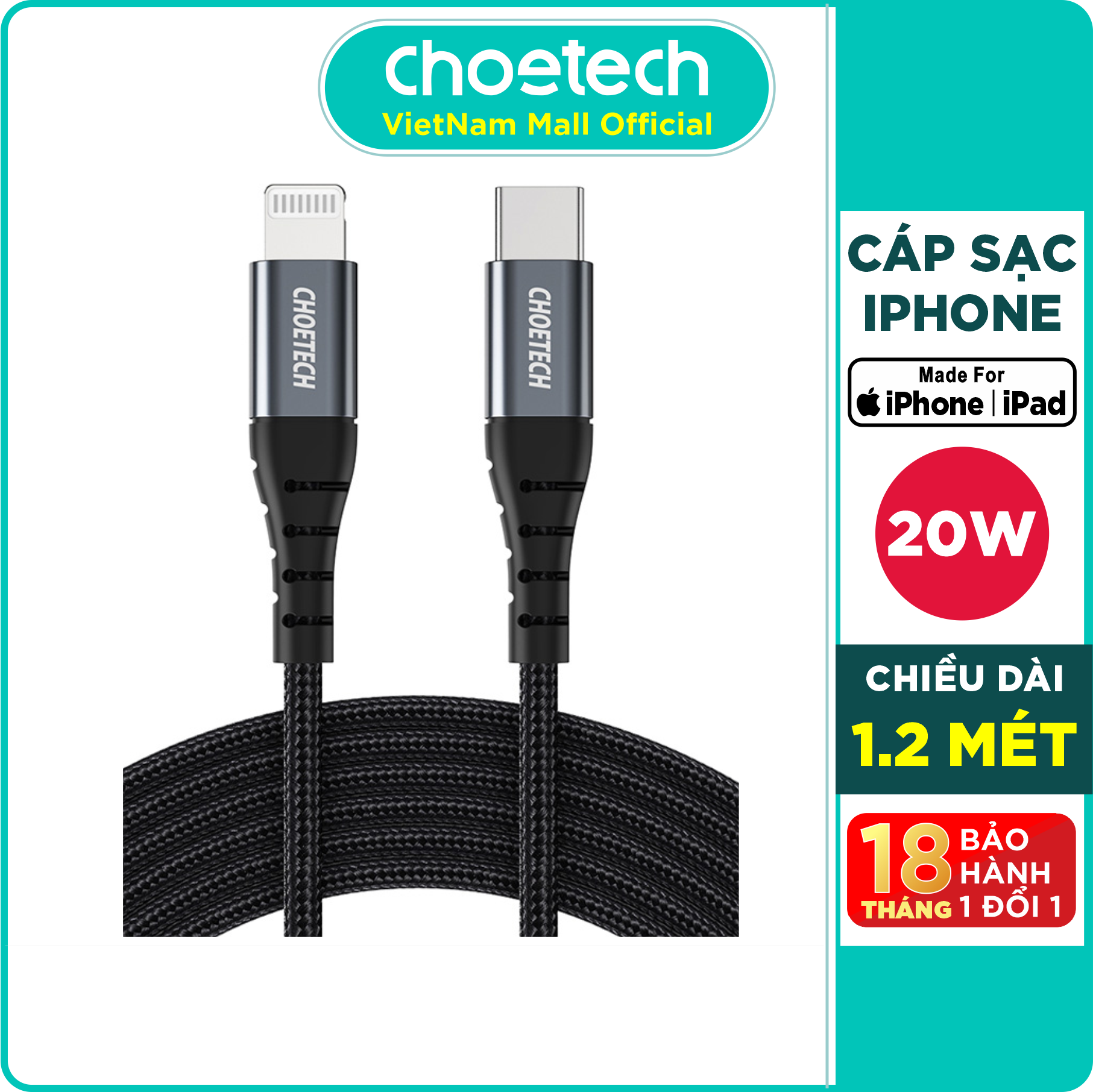 Dây Cáp Sạc USB Type C To Lightning Chứng Nhận MFI Apple Dài 1.2M CHOETECH IP0039 - Hàng Chính Hãng