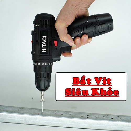 Máy bắt vít pin cầm tay Hitachi 12v 3 chức năng khoan gỗ, khoan sắt, bắt vít - 2 nấc tốc độ 25 cấp độ trượt có đèn - khoan sắt - khoan gỗ - bắn tôn - vặn ốc vít