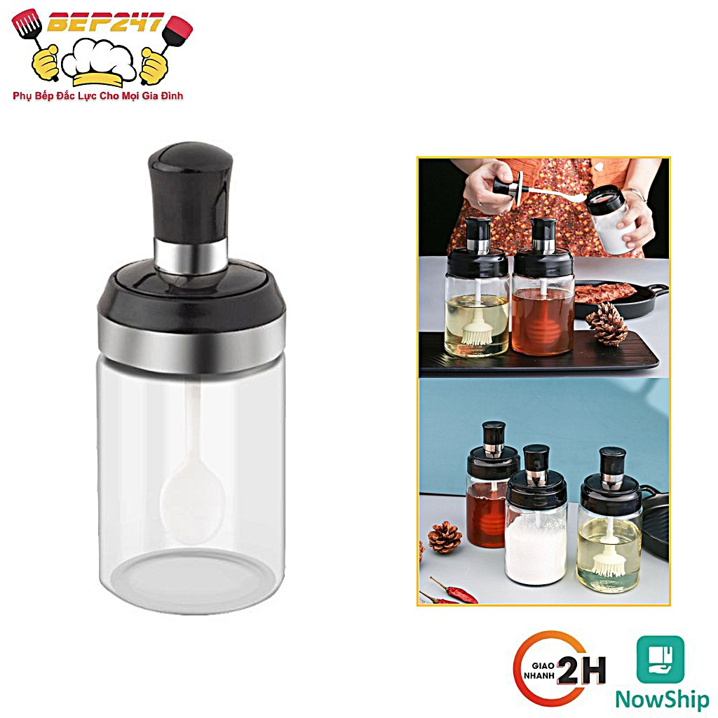 Hũ đựng gia vị thuỷ tinh 250ML tăng kèm thìa múc, cọ phết dầu hoặc đồ lấy mật ong đa năng tiện lợi
