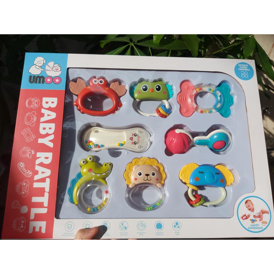 Bộ đồ chơi ngậm nướu, lục lạc cao cấprattle baby 8 món um-1051/um-10114 cho bé hàng chính hãng