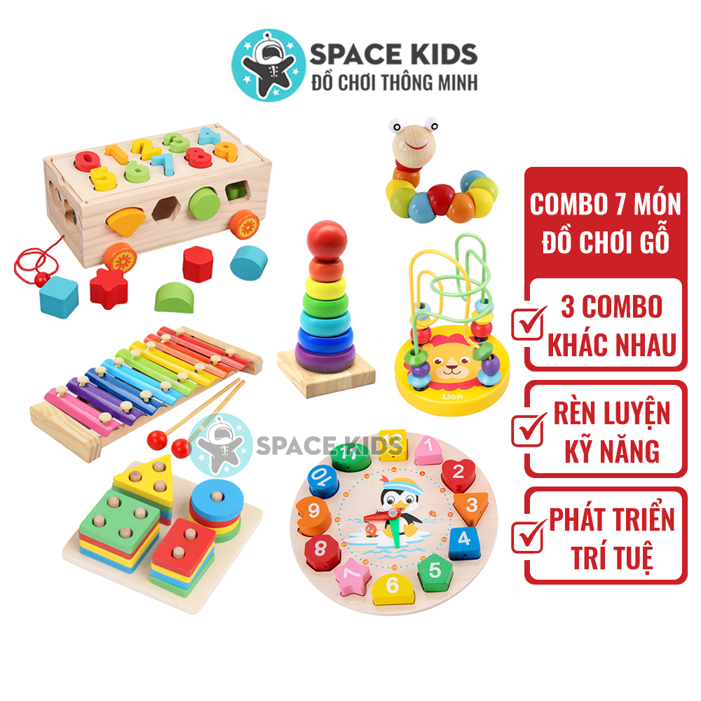 Đồ chơi gỗ Montessori Combo 7 món cho bé tư duy, phát triển trí tuệ vừa học vừa chơi, Đồ chơi cho bé Space Kids