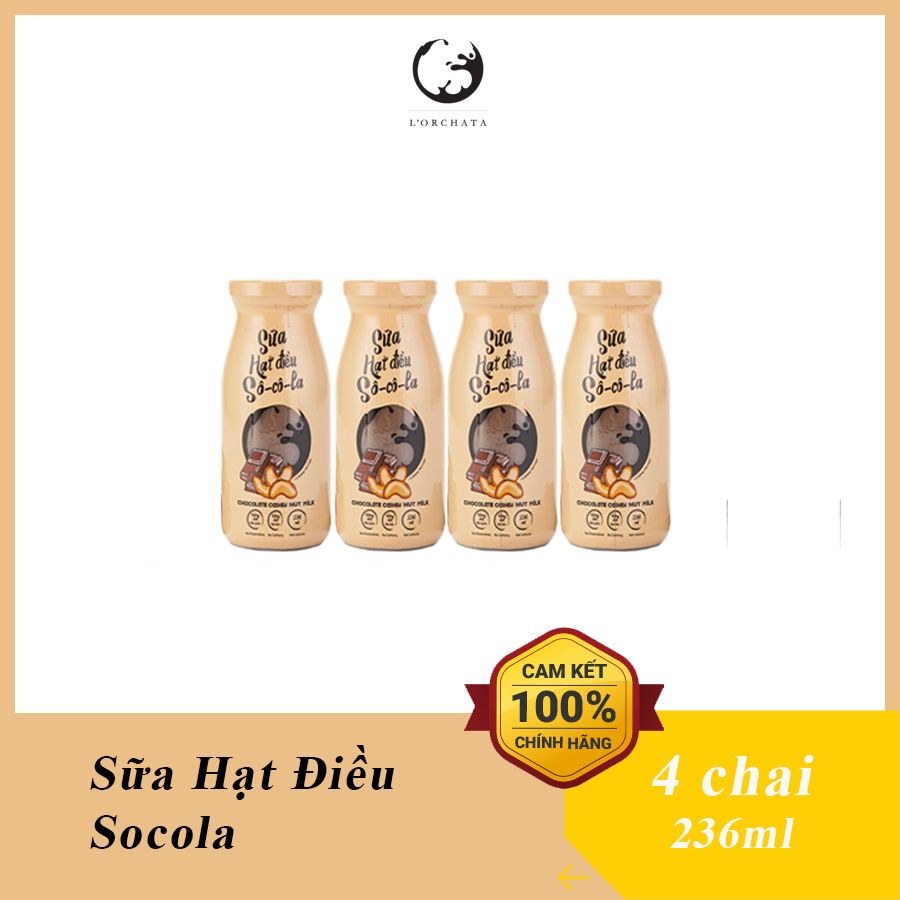 Lốc 4 chai sữa hạt l'orchata vị hạt điều socola, ít đường, không chất bảo quản, tốt cho tim mạch, tăng đề kháng