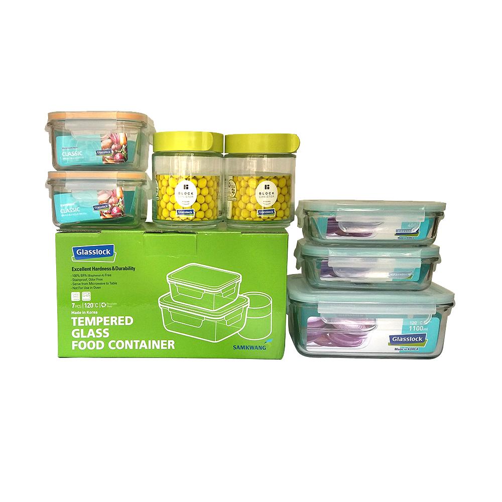 Bộ 7 món gồm Hộp thủy tinh cường lực Glasslock 400ml*2, 480ml*2 + 1090ml và hũ thủy tinh cao cấp Glasslock  400ml*2, Kín hơi, tiện dụng - Made in Korea