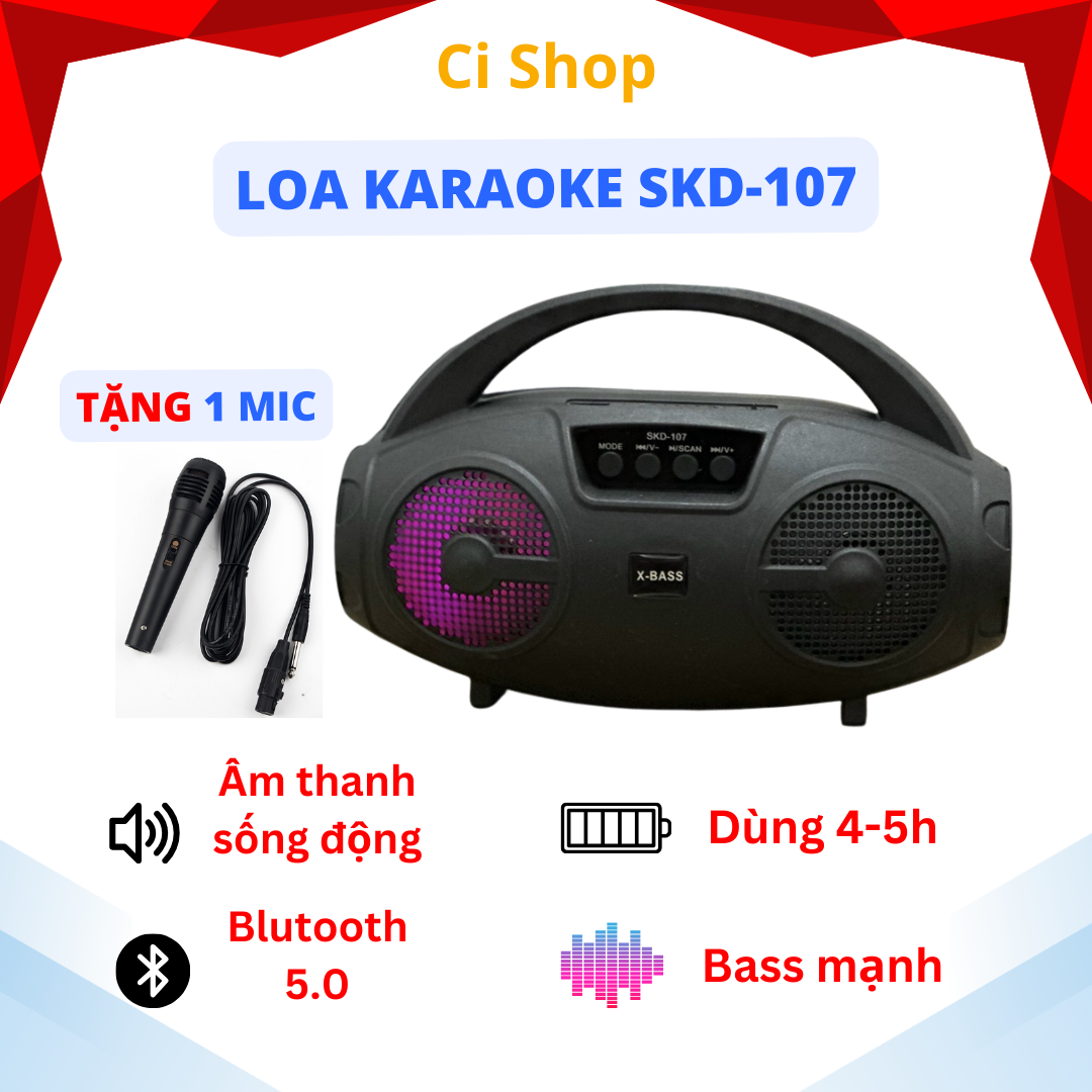 Loa Bluetooth Hát Karaoke SKD-107 Tặng Kèm Mic Cực Hay Âm Thanh Cực Đã Âm Bass Mạnh