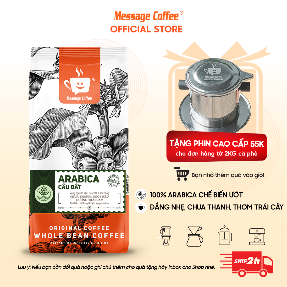 COMBO 2KG Cà Phê Arabica Cầu Đất Rang Mộc 100% Pha Máy hoặc Cold Brew với Hương Thơm Trái Cây Đặc Trưng từ Message Coffee