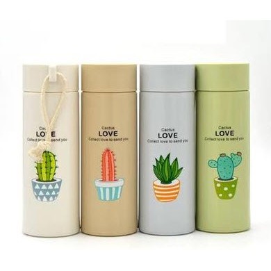 Bình nước giữ nhiệt hoạ tiết xương rồng-Bình Nước Thủy Tinh Bọc Nhựa Cây Xương Rồng 400ML Có Dây Xách