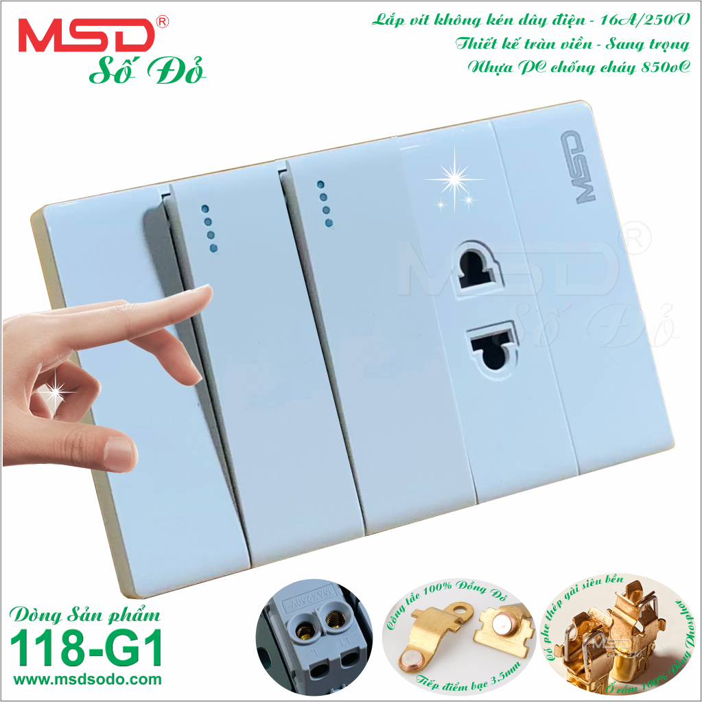 CÔNG TẮC ĐÔI + 1 Ổ CẮM 2 CHẤU 15A/250V CÓ MÀN CHE - DÒNG 118G1