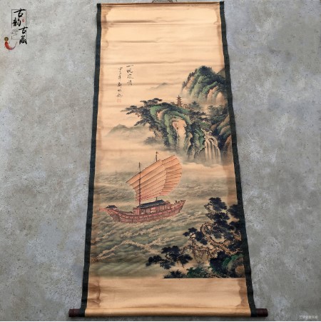 Tranh giả cổ phong thủy Thuận buồm xuôi gió, Tranh giấy xuyến chỉ viền bo lụa size lớn 155 x 74cm