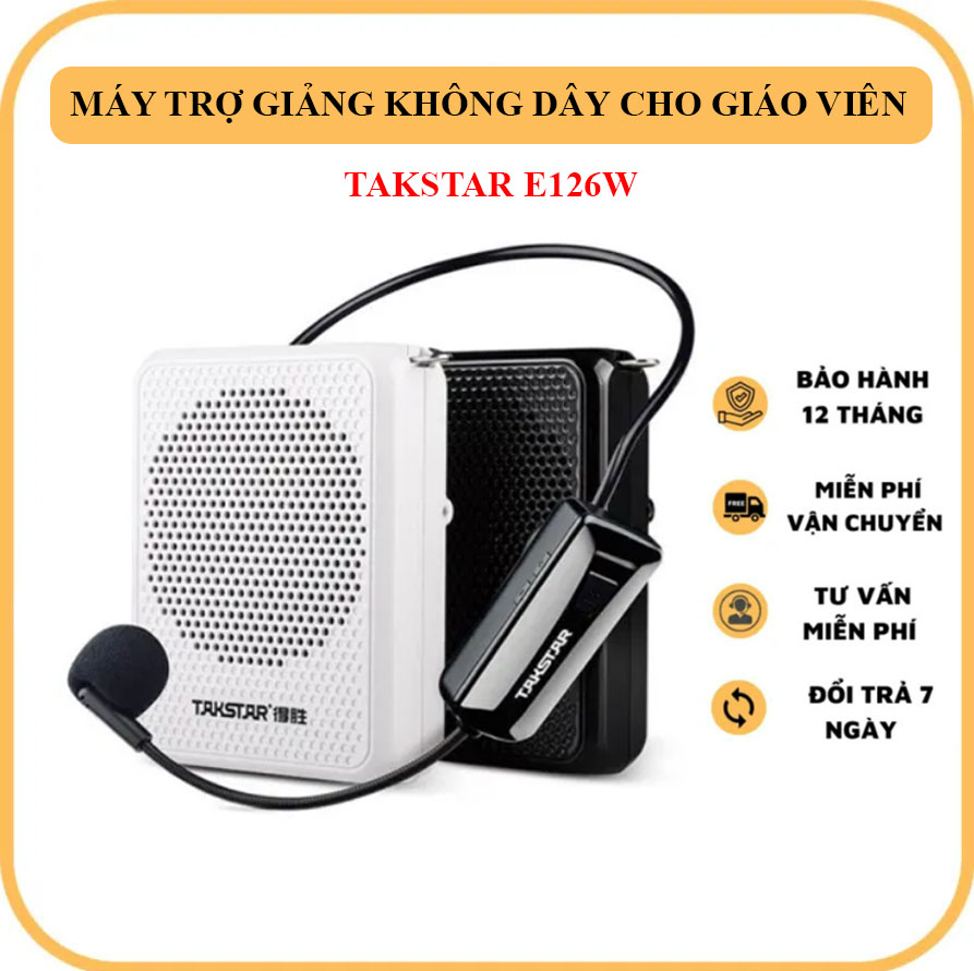 Máy Trợ Giảng Không Dây TAKSTAR E126W - Loa Trợ Giảng Cho Giáo Viên Âm Thanh To Rõ Trong Trẻo, Sử Dụng Mic Không Dây Quàng Tai Bắt Âm Nhạy - Dung Lượng Pin Lớn Hoạt Động Liên Tục 6 Giờ Bảo Hành 12 Tháng