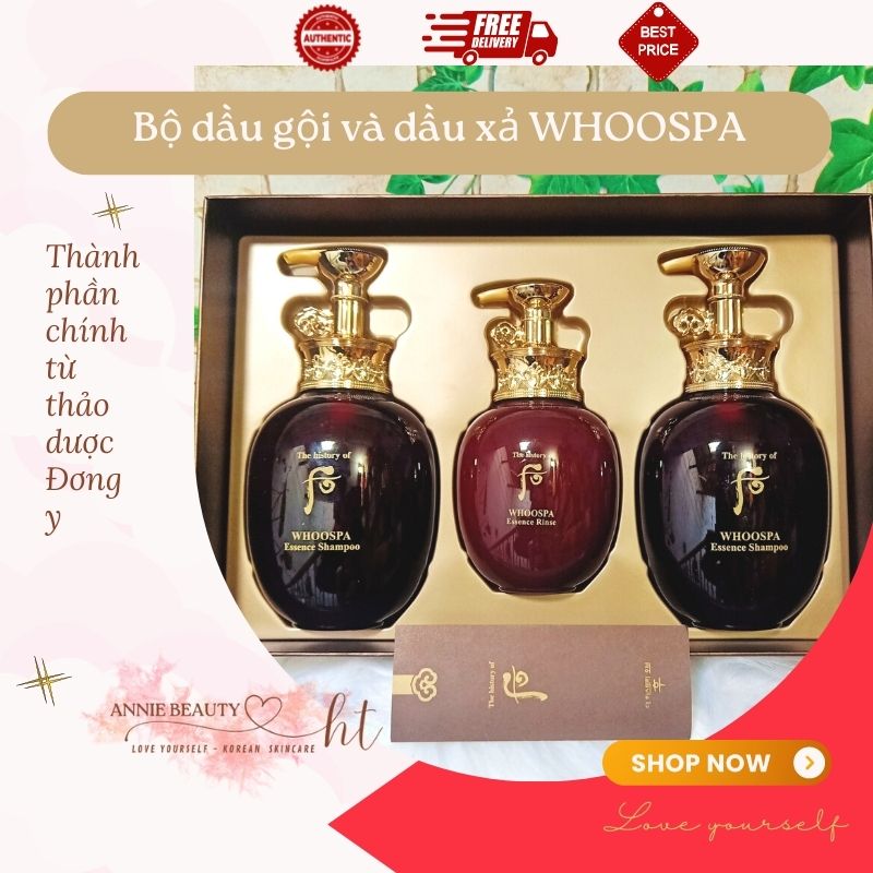 Bộ dầu gội, dầu xả đông y whoospa essence shampoo làm sạch, dưỡng tóc bóng khỏe, giảm gãy rụng, giữ màu nhuộm hiệu quả