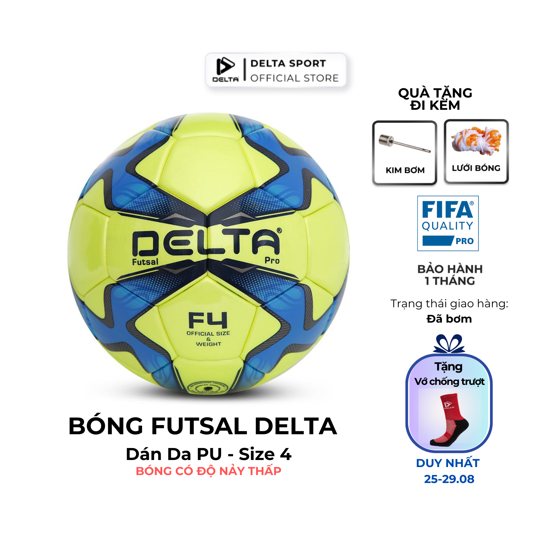 Bóng đá futsal DELTA 3610-4D size 4 từ da PU tổng hợp, chơi trên sân cỏ nhân tạo hoặc trong nhà phù hợp từ 12 tuổi.