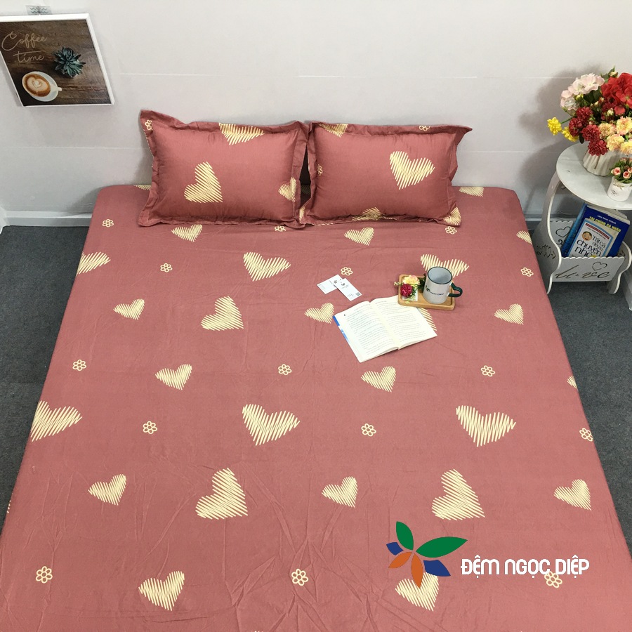 Bộ ga giường kèm 2 vỏ gối nằm poly cotton mẫu Tim Xước đầy đủ kích thước 1m2, 1m6, 1m8, 2m2