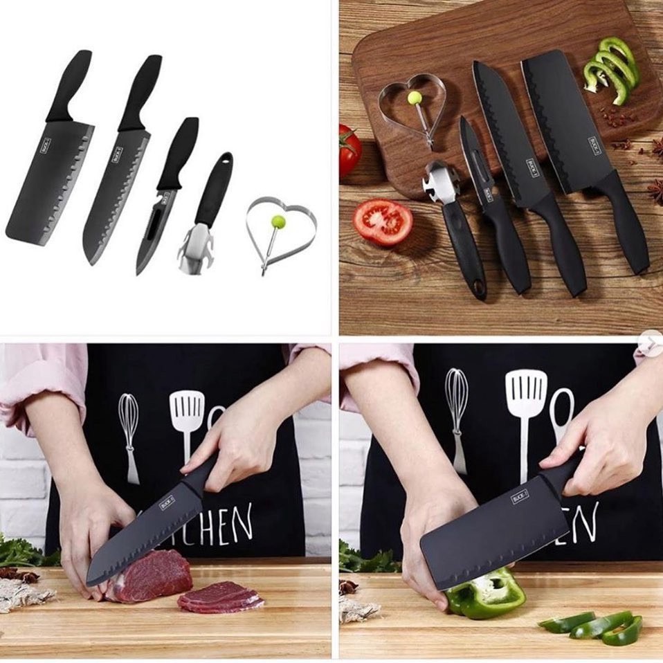 Bộ dao 5 món asakh nhật bản bằng thép không gỉ đen nhám cao cấp