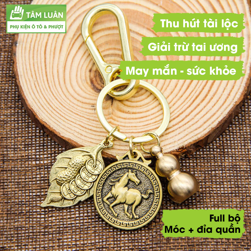 Móc khóa 12 con giáp Tâm Luân bầu đồng nguyên chất, móc khóa phong thủy (Đồng Xu 12 Con Giáp - Bầu Hồ Lô - Lá T.i.ề.n Vàng), móc khóa xe máy ô tô, móc khóa xe dễ thương