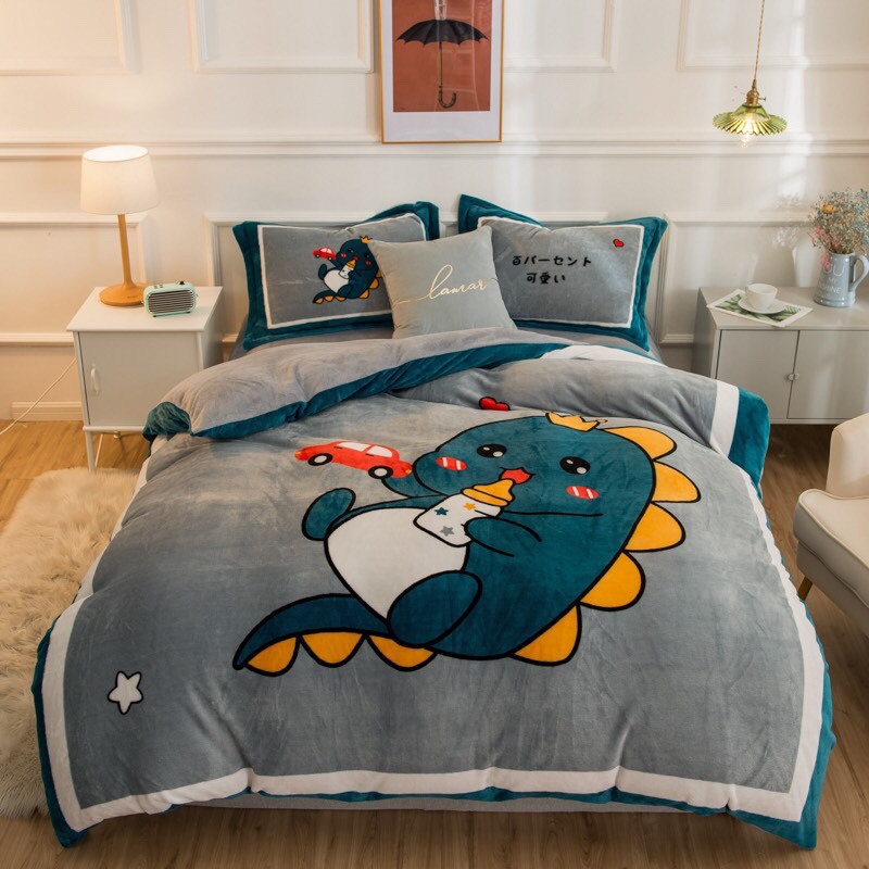 Bộ chăn ga gối nỉ nhung cao cấp hình khủng long xanh ,  cung cấp bởi thỏ gấu bedding