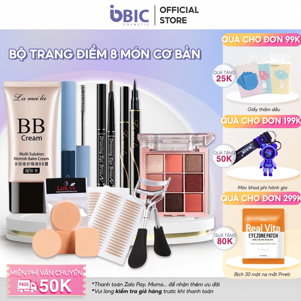 HOÀN TIỀN 15% - Bộ trang điểm tiện lợi 8 món từ a đến z bộ makeup đầy đủ set trang điểm chuyên nghiệp Phấn mắt + Kem nền+ Bút dạ kẻ mắt+ Chì kẻ mày + Chuốt mi + Kẹp bấm mi BIC COSMETIC