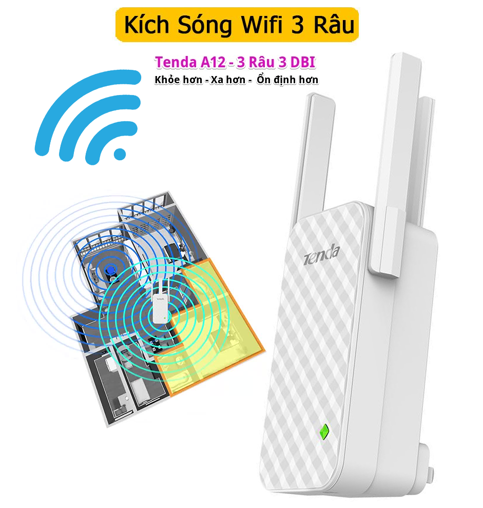 Bộ Mở Rộng Sóng Wifi - Bộ Siêu Kích Sóng Wifi Tenda A12 Ba Râu Nhập Khẩu Cực Khỏe Bảo Hành Trọn Đời