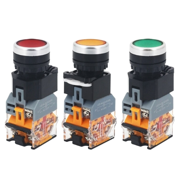 Công tắc nhấn đề có đèn LA38-11D phi 22mm điện áp 24VDC, 220VAC hiển thị màu xanh, màu đỏ, màu vàng
