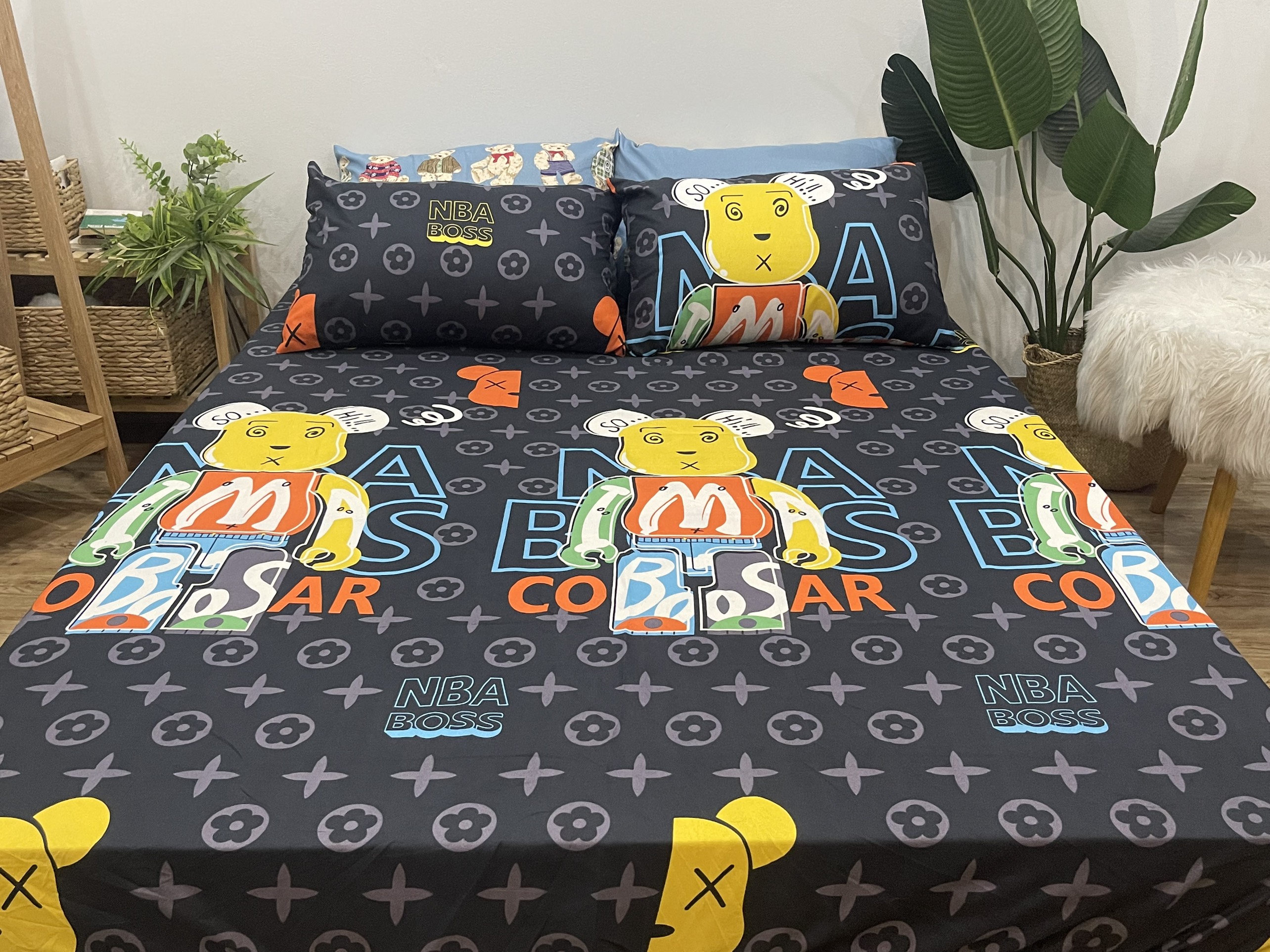 Set ga gối mẫu robot đen chất liệu cotton mềm mại