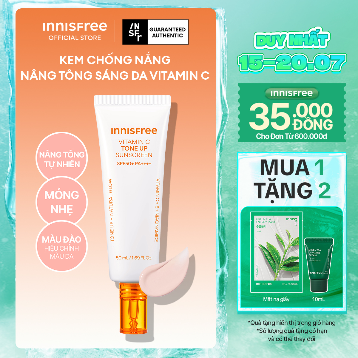 Kem chống nắng nâng tông INNISFREE VITAMIN C TONE UP SUNSCREEN SPF50+ PA++++