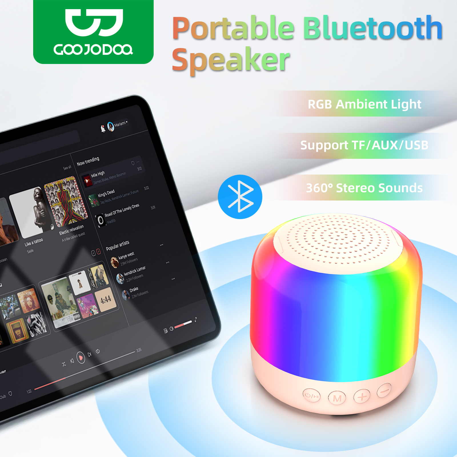 Goojodoq Loa bluetooth di động 360 ° chuông và nhiều chế độ chơi dài tuổi thọ pin Type-C
