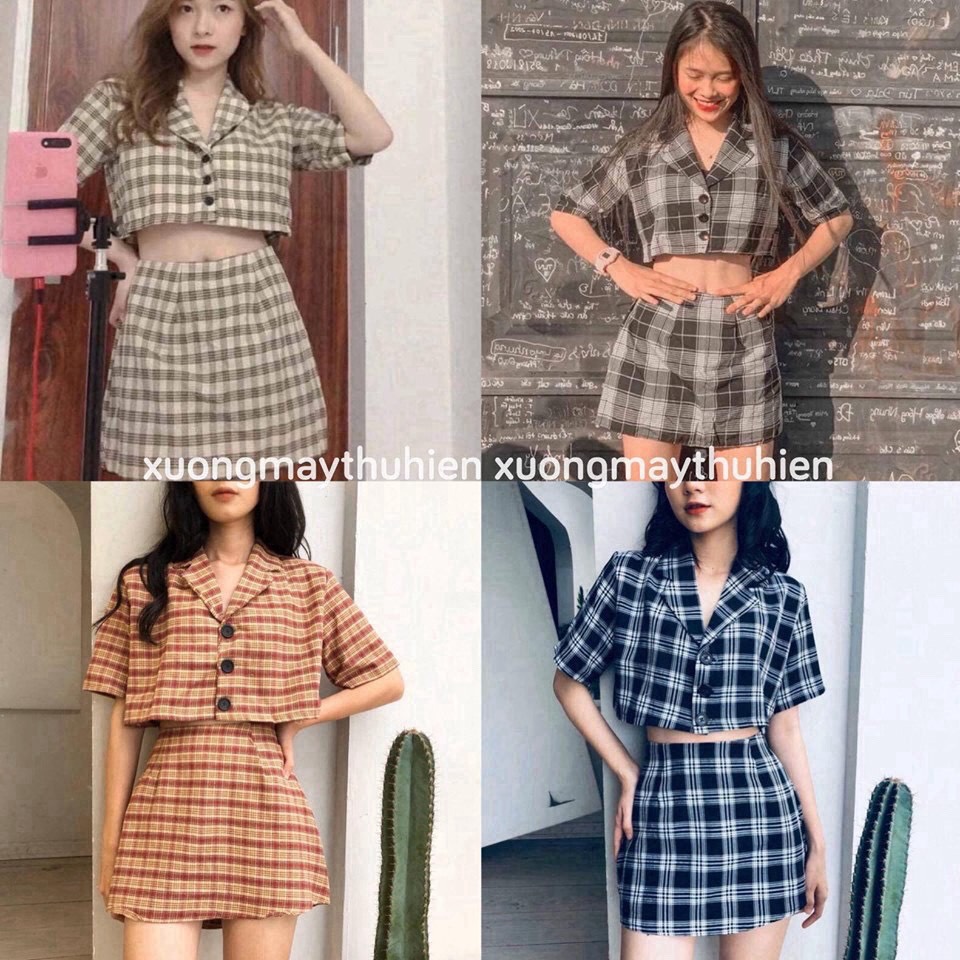Sét áo croptop cổ vest và chân váy caro có quần trong