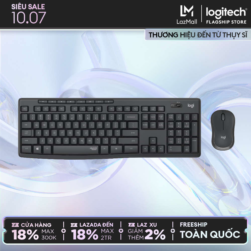 Combo chuột phím không dây Logitech MK295 Silent- Chống ồn 90%, có phím số, mắt đọc cải tiến, bền bỉ, không lag