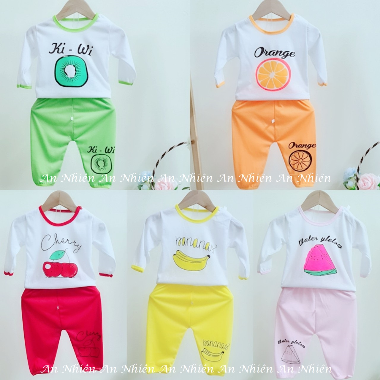 Combo 5 bộ quần dài áo dài họa tiết Cherry, trái cây chất liệu cotton 2 chiều cho bé trai bé gái 3-14kg