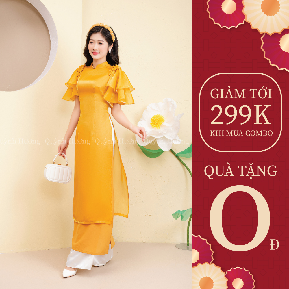 Áo dài voan cánh tiên tay bồng màu vàng