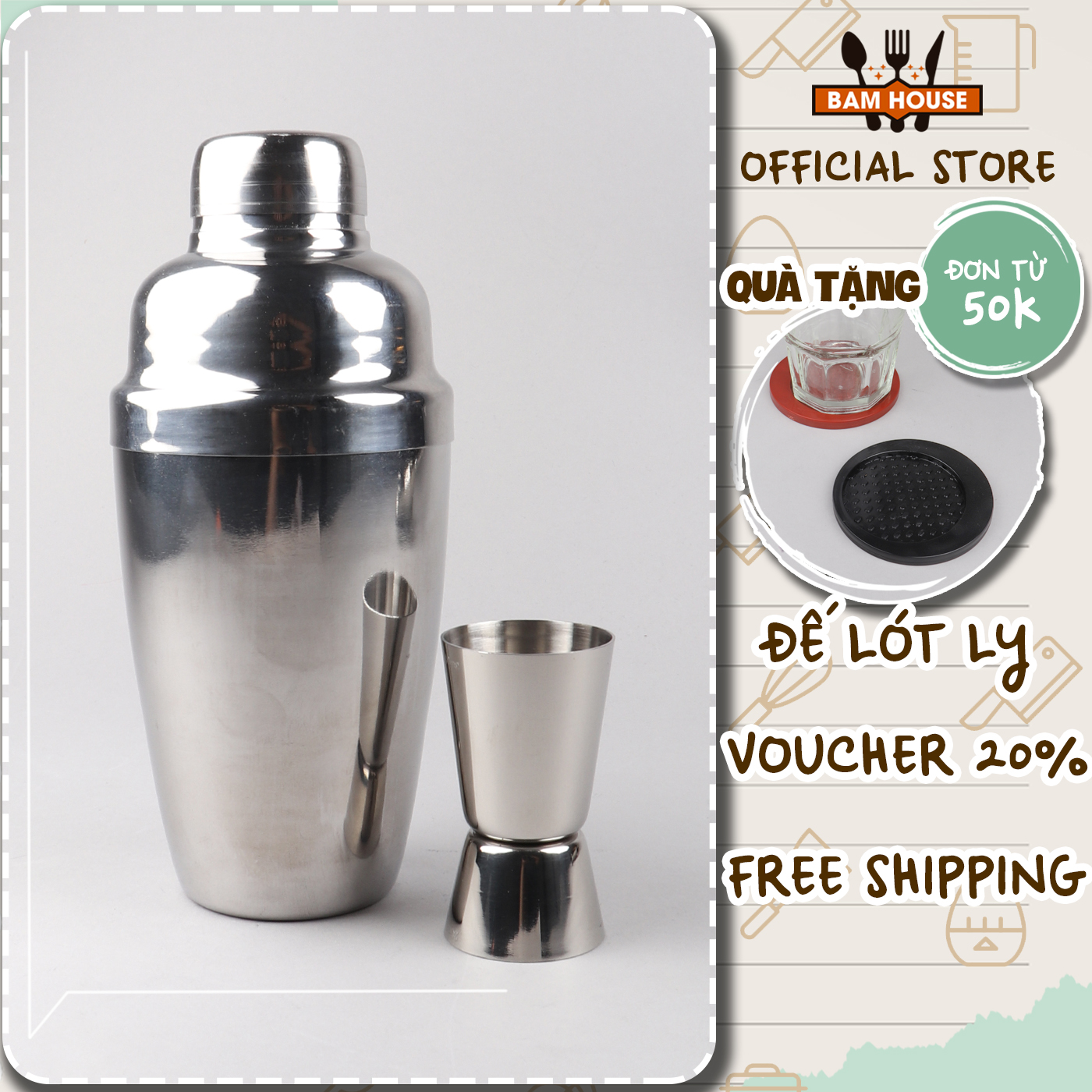 Combo bình lắc và ly đong định lượng pha chế 2 đầu inox 304 Bam House sáng bóng cao cấp BLD01 – Gia dụng bếp