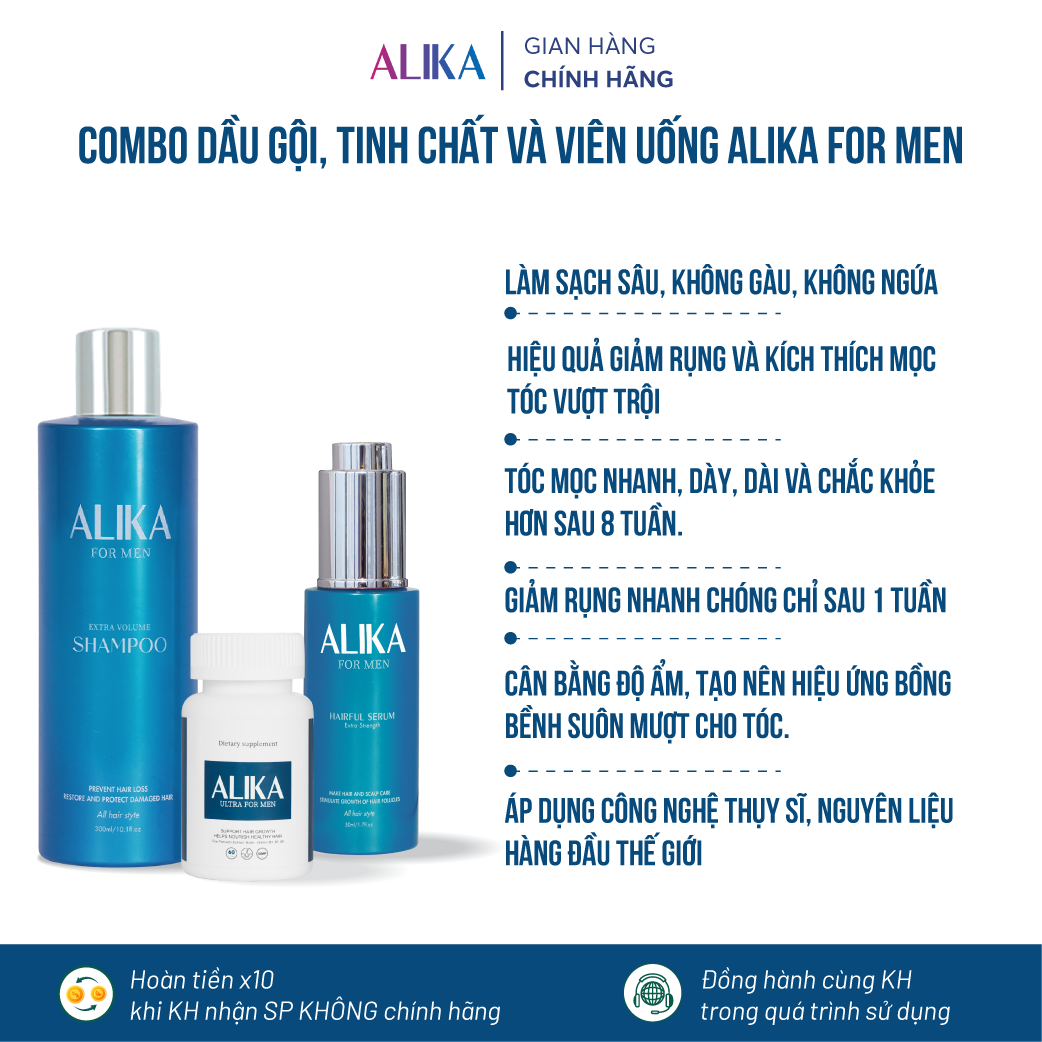 Bộ ba sản phẩm chăm sóc tóc chuyên sâu alika cho nam, giảm rụng tóc, kích thích mọc tóc, hỗ trợ tóc mọc dài chắc khoẻ
