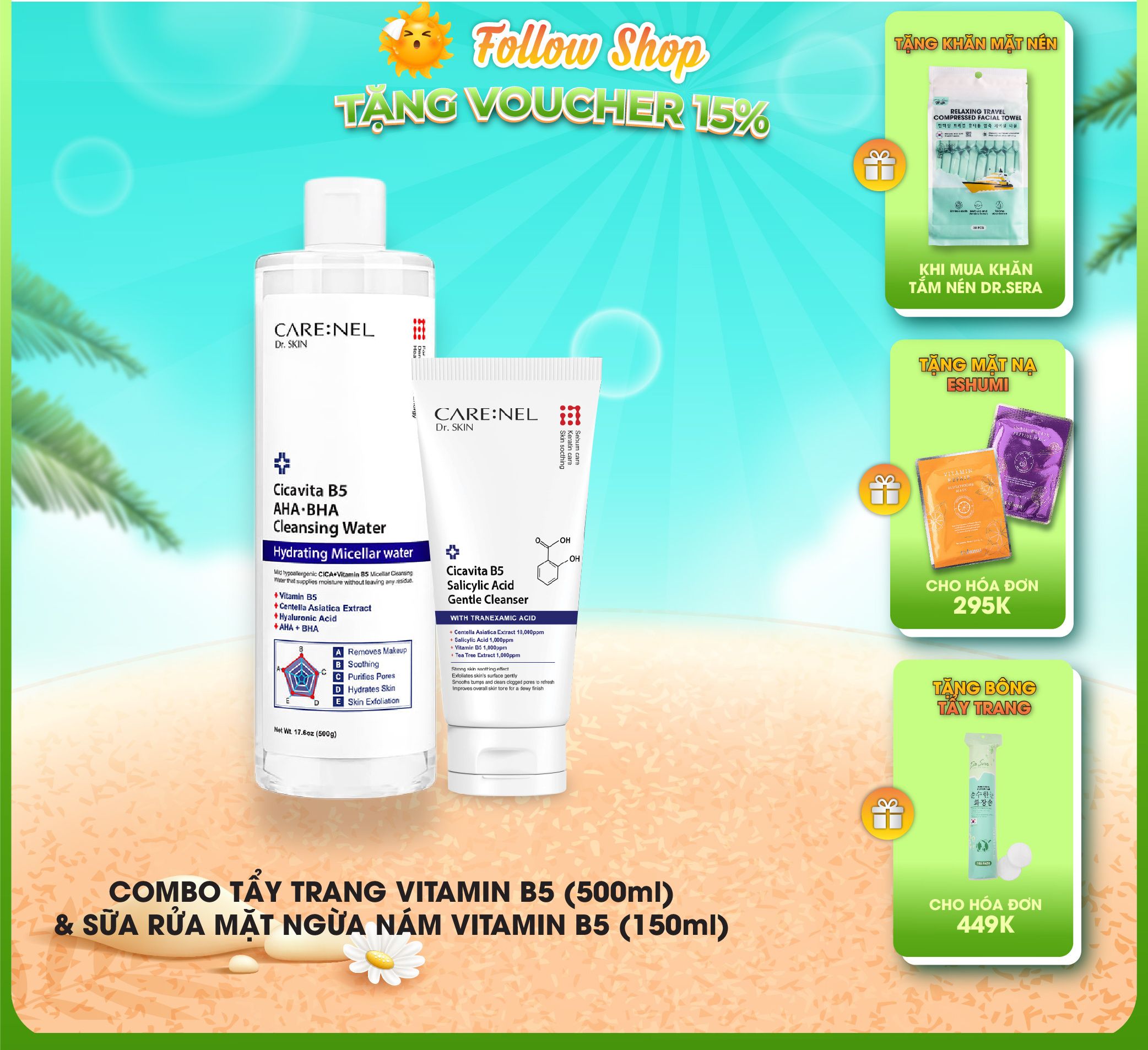 Combo tẩy trang sữa rửa mặt nước tẩy trang b5 và sữa rửa mặt b5 carenel