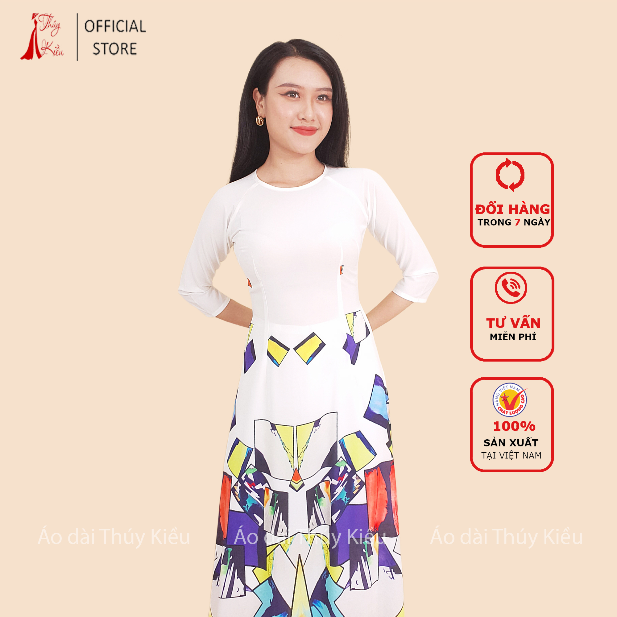 Áo dài truyền thống thiết kế may sẵn cách tân nữ nền trắng lập thể K140 Thúy Kiều mềm mại co giãn áo dài giá rẻ