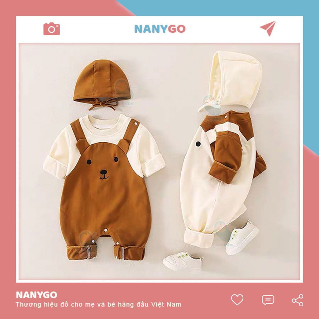 [ Tặng Kèm Mũ ] Quần Áo Trẻ Em Sơ Sinh Bộ Đồ Liền Thân Dài Tay Chất Cotton Bodysuit Hình Gấu Nâu Cho Bé [BDD39]